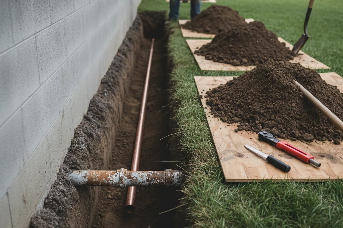 Excavated water line trench during Sewer Line Repair in Burns